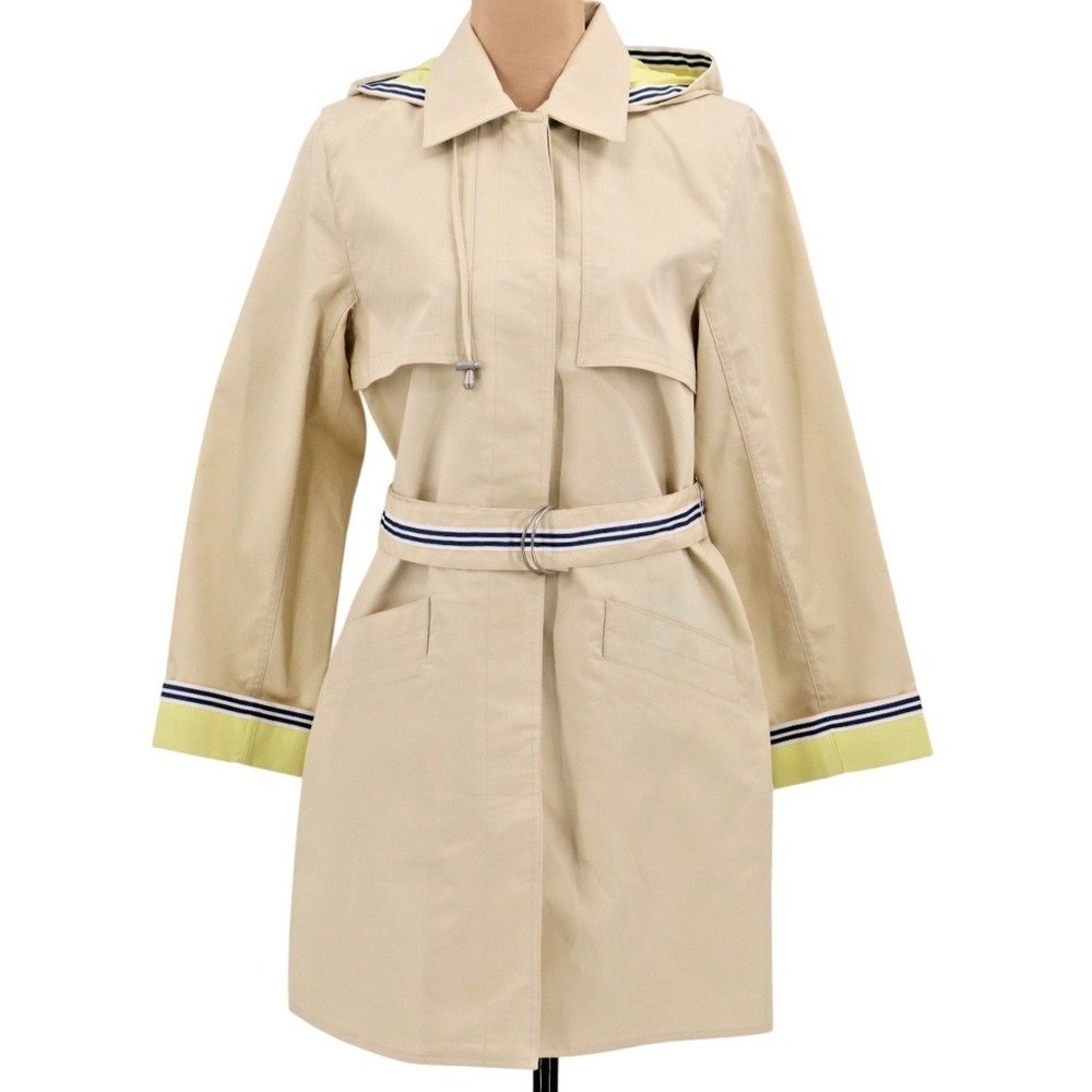 NOT FOR SALE Hooded Trench Coat Striped Trim Belted Size Small